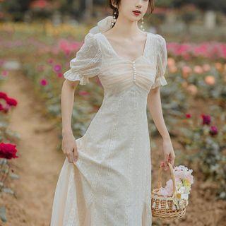 Puff-sleeve Faux Pearl Slit Midi A-line Dress