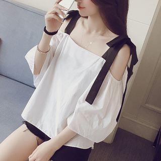 Color Panel Off Shoulder 3/4 Sleeve Blouse