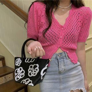 Short-sleeve Perforated Knit Top Fushsia - One Size