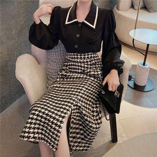 Contrast Trim Lantern-sleeve Blouse / Houndstooth Midi Straight-fit Skirt