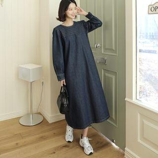 Pintuck Shirred Maxi Denim Dress Blue - One Size