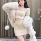 Square Neck Knit Crop Top / Mini Pencil Skirt / Hooded Fluffy Toggle Jacket