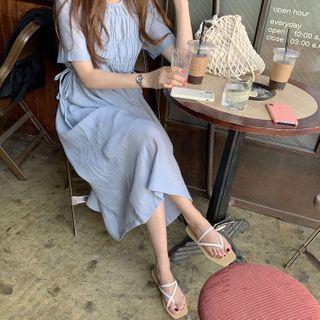 Drawstring Short-sleeve Midi Dress Sky Blue - One Size