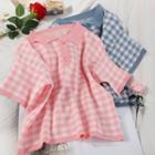 Gingham Collared Short-sleeve Knit Top