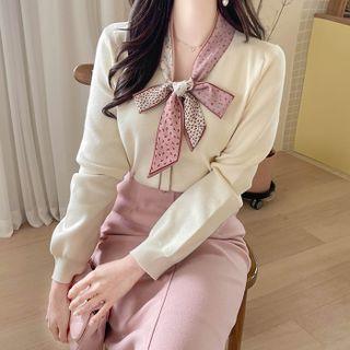 Floral-scarf Mock Cardigan