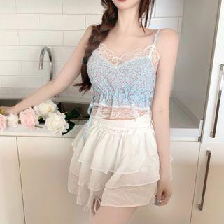 Floral Cropped Camisole Top / Plain Cardigan / Layered Mini A-line Skirt