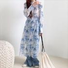 Long-sleeve Tie Dye Midi A-line Dress Light Blue - One Size