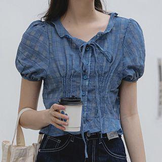 Puff-sleeve Ruffled Denim Blouse