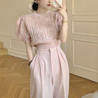 Short-sleeve Pointelle Knit Top / Wide Leg Dress Pants / Set