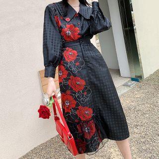 Long-sleeve Collared Floral Print Midi Sheath Dress