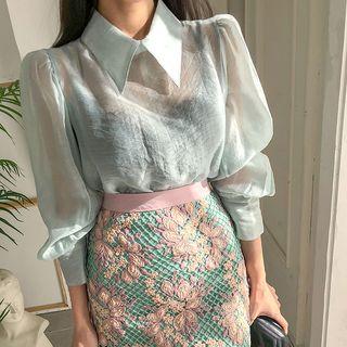 Pointy-collar See-through Blouse