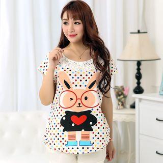 Loungewear Set: Short Sleeve Rabbit Print Dotted T-shirt + Plain Shorts