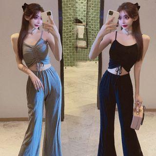 Set: Spaghetti Strap Drawstring Top + Wide-leg Pants