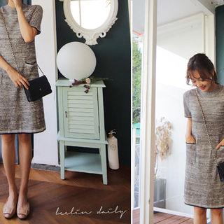 Short-sleeve Wool Blend Knit Dress Navy Blue - One Size