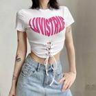 Lettering Print Lace-up Cropped T-shirt