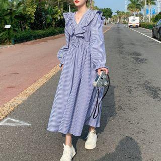 Long Sleeve V-neck Striped Ruffled Midi Dress