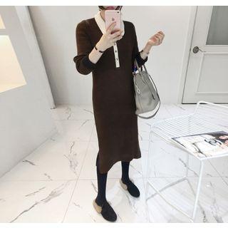 Contrast-collar Knit Midi Polo Dress
