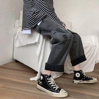 Side Pocket Distressed Wide-leg Jeans