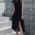 Plain Wide-strap Slit A-line Dress Black - One Size