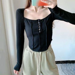 Long-sleeve Asymmetrical Henley Crop Top