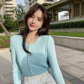 Long-sleeve Faux Pearl Button-up Knit Top