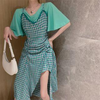 Crewneck Ruffle Sleeve Plain Top / V-neck Two-tone Plaid A-line Split Dress