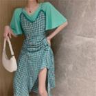 Crewneck Ruffle Sleeve Plain Top / V-neck Two-tone Plaid A-line Split Dress