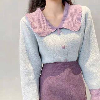 Long-sleeve Collared Button-up Knit Top / Mini Pencil Skirt