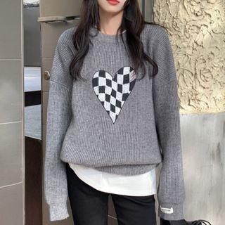 Check Heart Print Sweater Gray - One Size