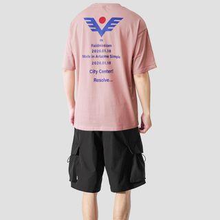 Short-sleeve Lettering T-shirt / Drawstring Cargo Shorts