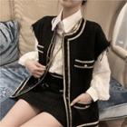 Lantern-sleeve Blouse / Contrast Trim Single-breasted Vest / Mini A-line Skirt