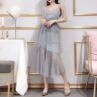 Spaghetti Strap Maxi Mesh Layered Dress