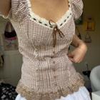 Plaid Puff Sleeve V Neck Lace Trim Top