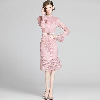 Mock-turtleneck Bell-sleeve A-line Midi Lace Dress