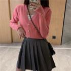 Patterned Beaded Knit Cardigan / Pleated Mini Skirt