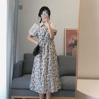 Square-neck Two Tone Floral A-line Dress