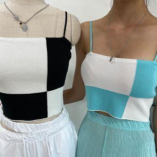 Spaghetti-strap Checkered Knit Crop Top