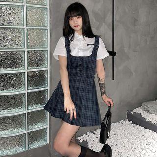 Short-sleeve Shirt / Plaid Vest / Mini A-line Skirt / Set