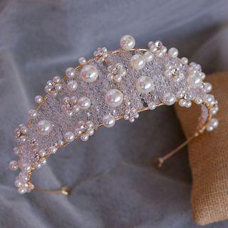 Wedding Set: Faux Pearl Tiara + Earring 1 Pair - Earring & Crown - White - One Size