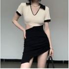 Short-sleeve V-neck Two-tone Cut-out Mini Sheath Dress
