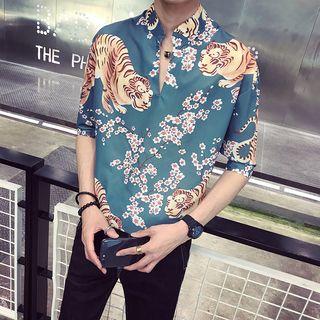 Tiger & Floral Print Elbow-sleeve Shirt