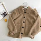 Collared Fleece Button Jacket Khaki - One Size