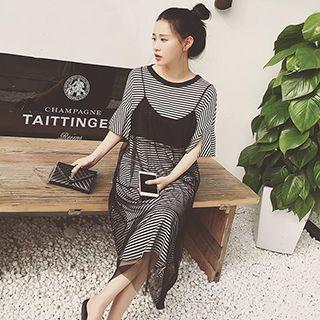 Set: Short-sleeve Striped T-shirt Dress + See Through Strappy Dress