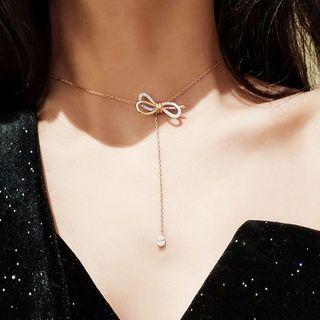 Alloy Rhinestone Bow Y Necklace