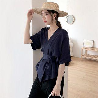 Short-sleeve Tie-waist Top Dark Blue - One Size