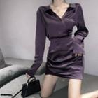V-neck Ruched Satin Shirtdress