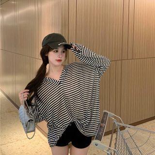 Long-sleeve Hooded Striped Top Black - One Size