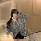 Long-sleeve Hooded Striped Top Black - One Size