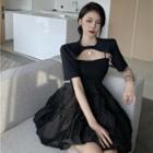Spaghetti Strap Bow Ruffled A-line Dress / Short-sleeve Cropped Top