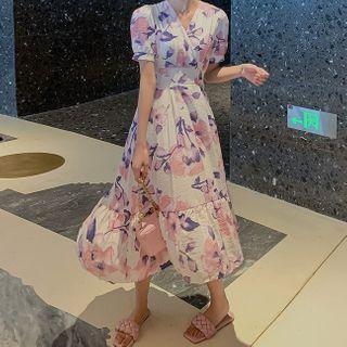 Puff Sleeve V-neck Floral Print Midi Chiffon Dress